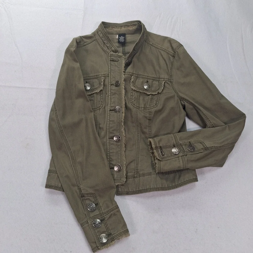 Kikit Jeans Jacket Womens M Military Utility Olive Green Frayed Raw Edge EUC